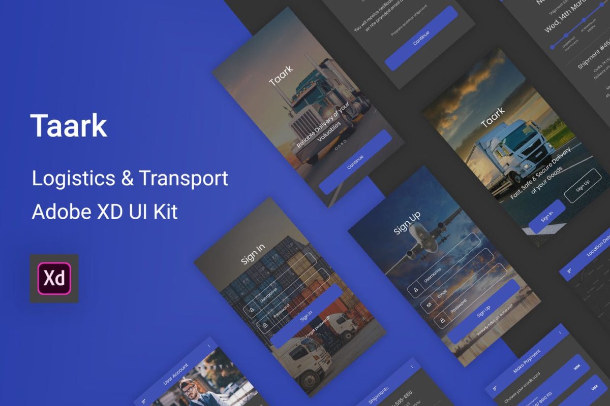 UI Kits | 商务蓝精美完美现代时尚外观物流与运输用户界面Adobe XD应用程序