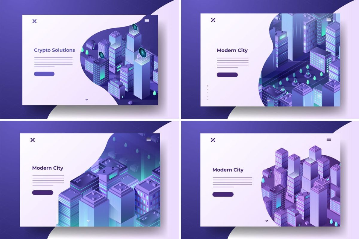 平面图形 | 紫色矢量完美banner现代等距风格智能城市2.5D插画插图