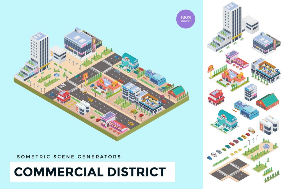 2.5D插画 | 3D立体等轴等距城市建筑商业区矢量场景创作者设计模板