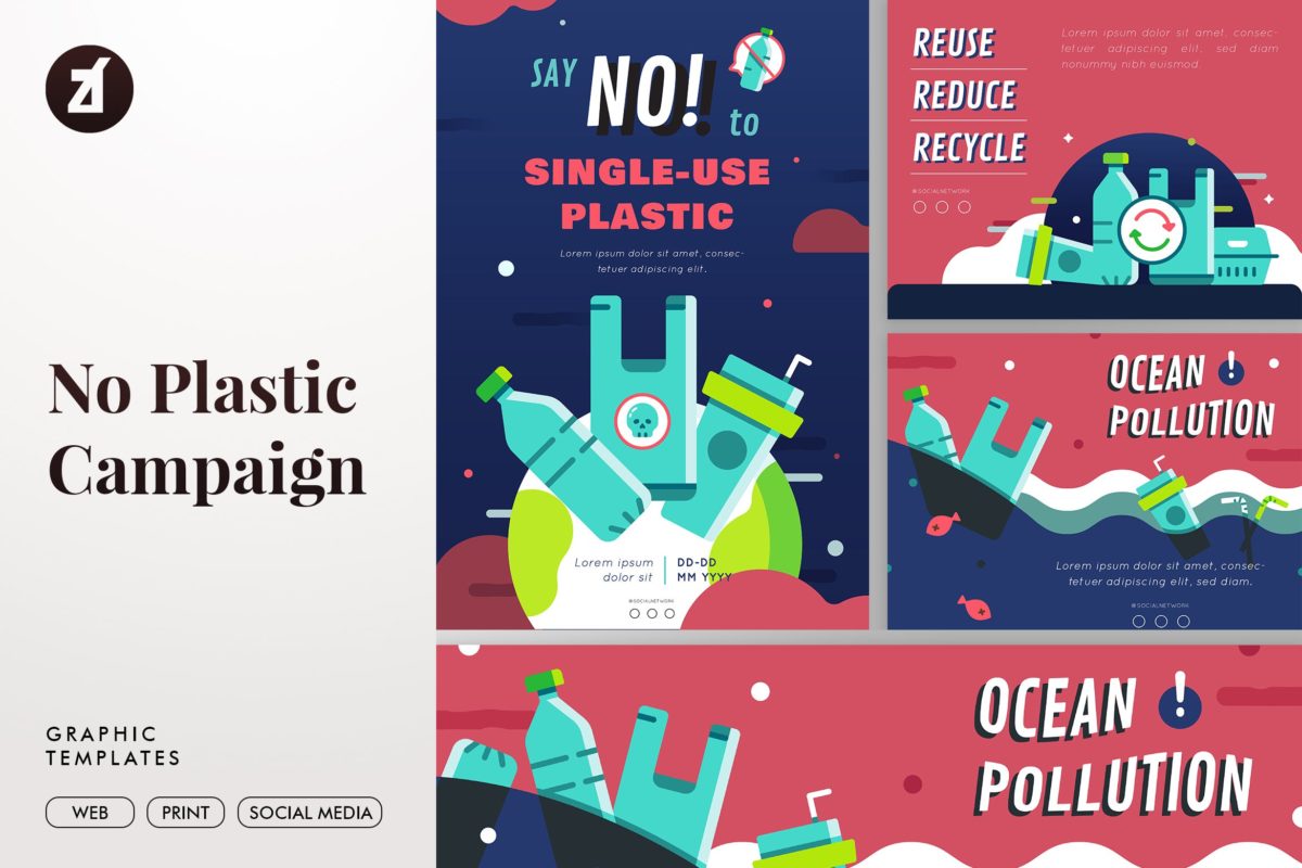 时尚有创意的无塑料运动环保主题海报模板宣传海报下载[Ai,EPS]
