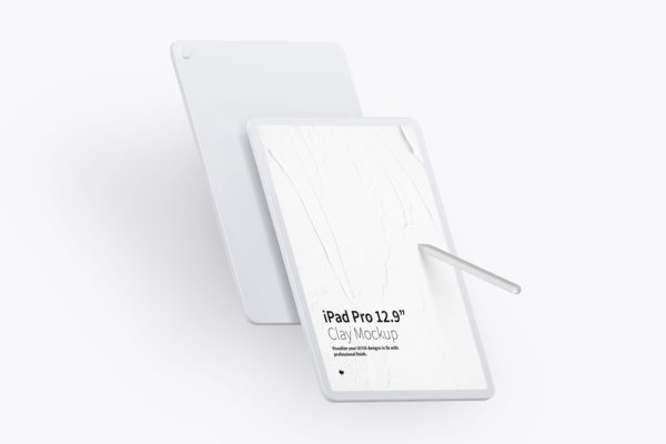 粘土iPad Pro 12.9样机模型 Clay iPad Pro 12.9” Mockup, Portrait Front and Back View