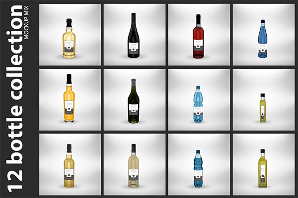 12个时尚高端逼真质感的不同形状的酒瓶子包装设计VI样机展示模型mockups