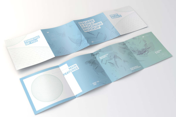 折页式方形画册设计样机 Spread Square 4-Fold Brochure Outside and Inside Mockup 01