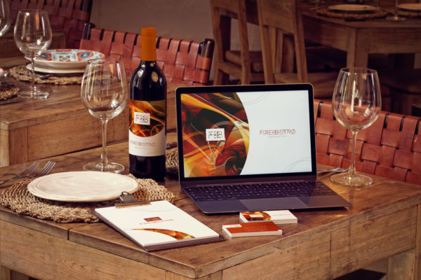 红酒酒瓶样机 Wine Bottle, MacBook, Business Cards and Menu Mockup