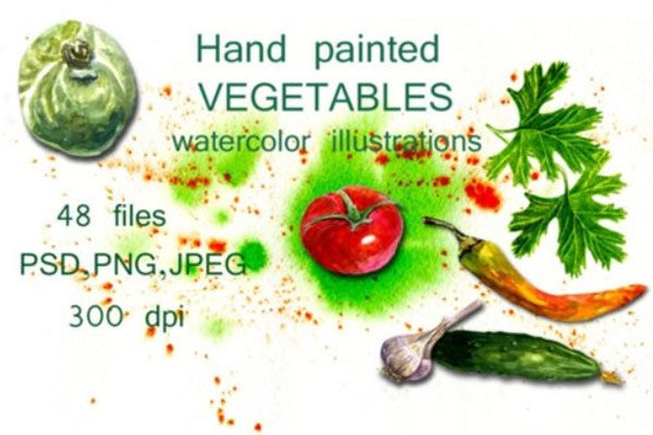 手绘蔬菜水彩元素插画合集