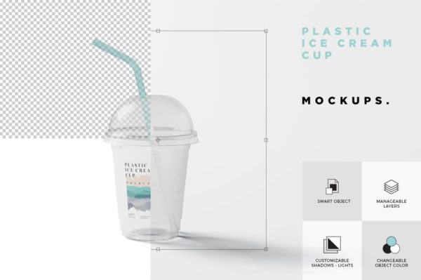Mockups | 高级品牌个性化逼真智能VI透明塑料冰淇淋杯包装设计样机