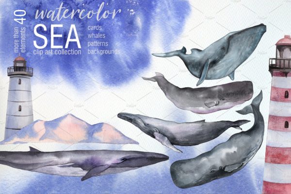 免费，生动有趣的水彩鲸鱼插画素材下载[PNG]