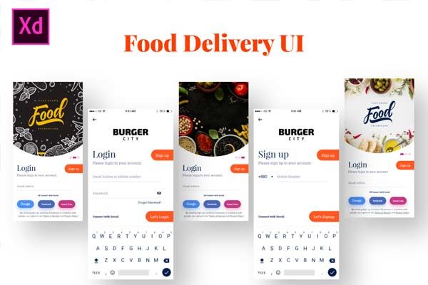 美食运输配色相关的app界面设计iOS Ui套装下载[XD]