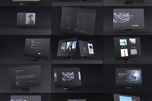 黑暗质感的高品质震撼逼真iMac UI样机展示模型mockups