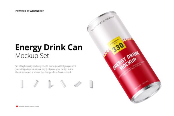 一套6个高品质和易于编辑的能量饮料易拉罐包装设计样机[PSD]