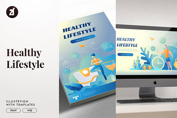 时尚简约多用途的健康的生活方式图和布局海报插画着陆页设计模板