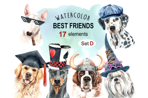 戴帽子的可爱宠物狗水彩剪贴画素材合集