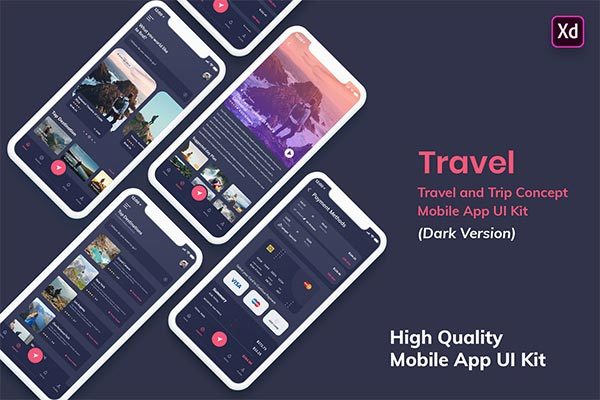 旅游与旅行MobileApp UI套件深色版本（XD）