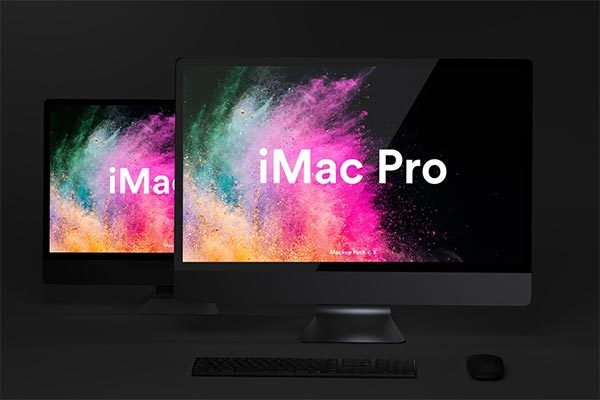 深色质感的iMac Pro UI样机展示模型mockups