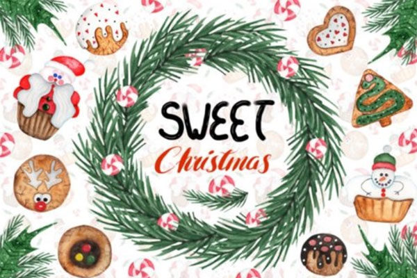 圣诞甜品饼干水彩剪贴画&图案素材