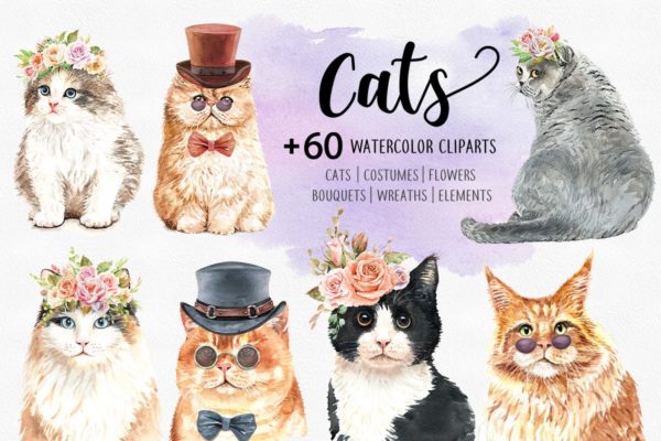 手工绘制的猫咪动物水彩剪贴画素材合集