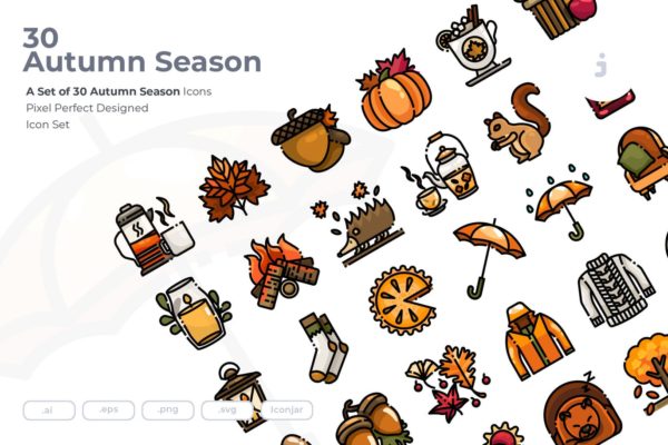 ICONS | 30个秋季动物植物衣物物品运动完美网格矢量图标