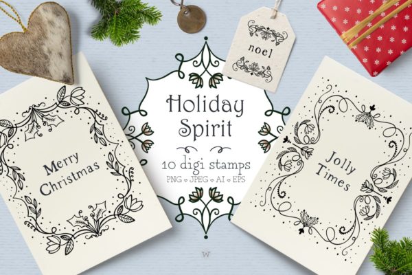 复古老式圣诞节数字邮票贺卡设计素材