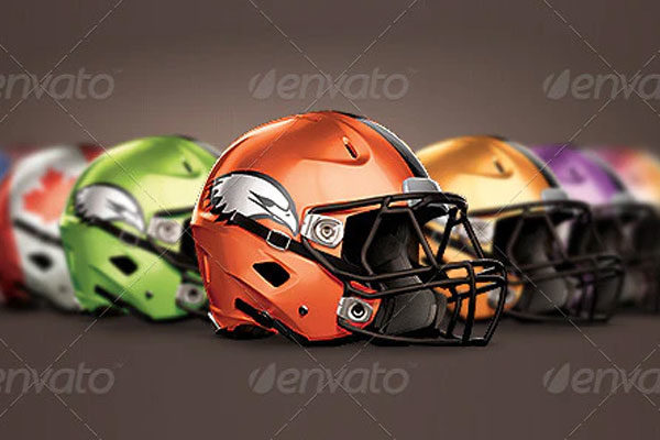 真实的橄榄球(美式足球)头盔花纹设计展示样机[PSD]