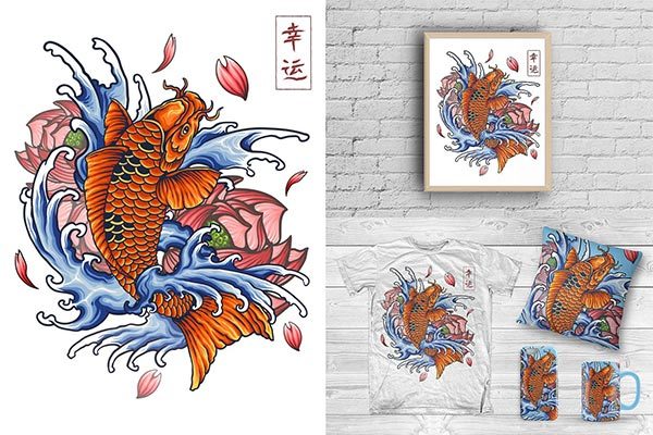 时尚高端日本浮世绘风格的中国风锦鲤纹身矢量插画设计模板