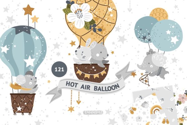 动物热气球梦幻插画图案下载[EPS]