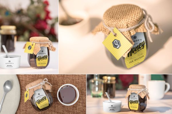 Mockups | 专业逼真效果品牌设计蜂蜜罐子包装模型4个场景样机