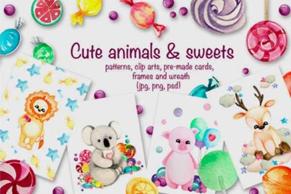 可爱的动物和甜点糖果水彩插画收藏集