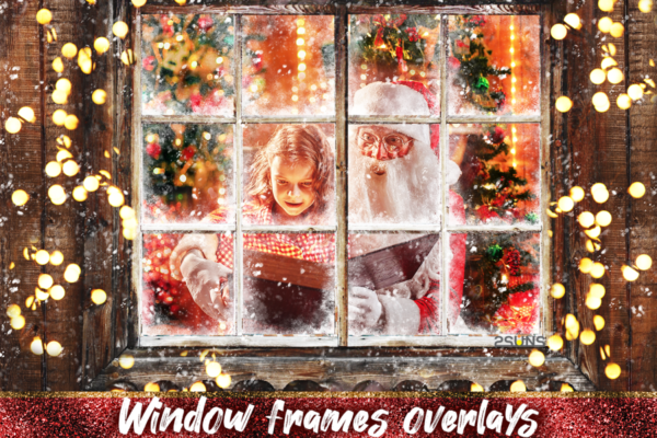 冬天圣诞节结冰窗框照片叠层PNG素材