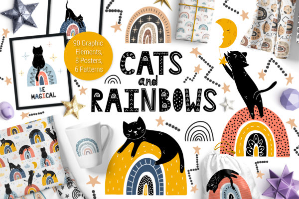 可爱的猫与彩虹卡通剪贴画素材合集