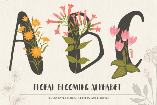 平面图形 | 植物花卉鲜花装饰英文字母手绘彩色新鲜典雅设计矢量素材