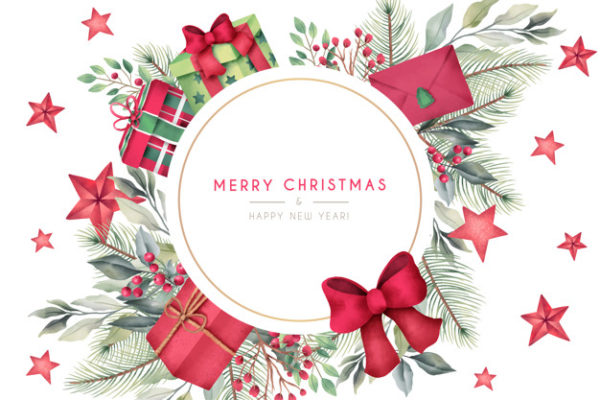 圣诞节花环素材 Christmas card with watercolor presents and decoration Vector