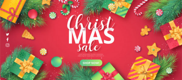 圣诞节广告素材 Cute christmas sale banner in red background Vector