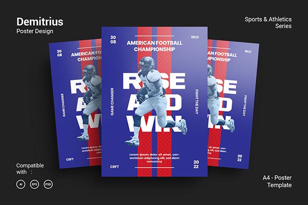 高品质的时尚震撼美式足球橄榄球运动海报设计模板（AI，EPS，PSD，JPG）