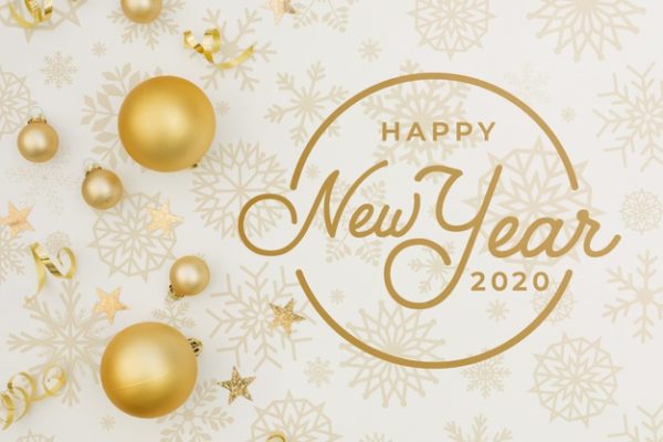 金色圣诞球装饰元素 Flat lay happy new year 2020 mock-up with christmas golden balls PSD file