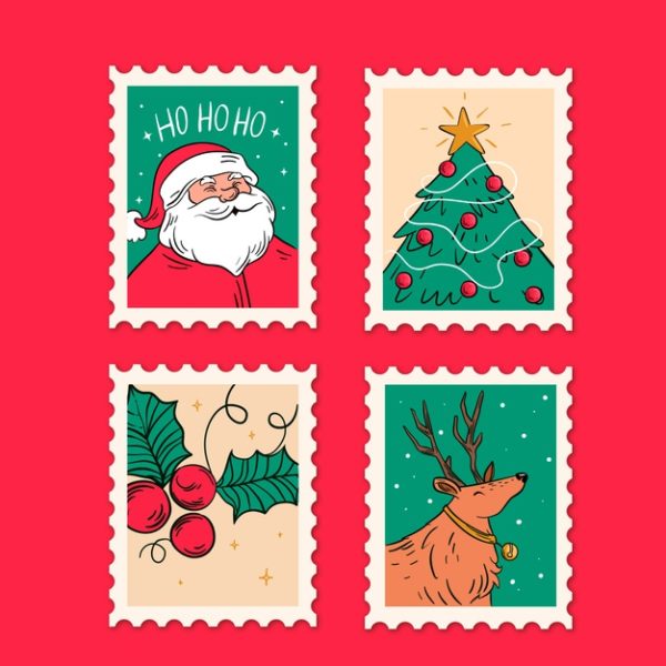 手绘圣诞节邮票插画 Hand drawn christmas stamp collection Vector