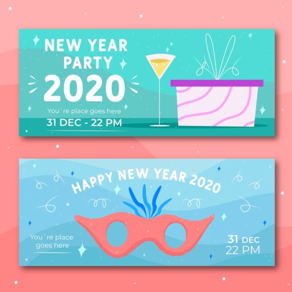 手绘新年广告素材 Hand drawn new year 2020 party banners Vector