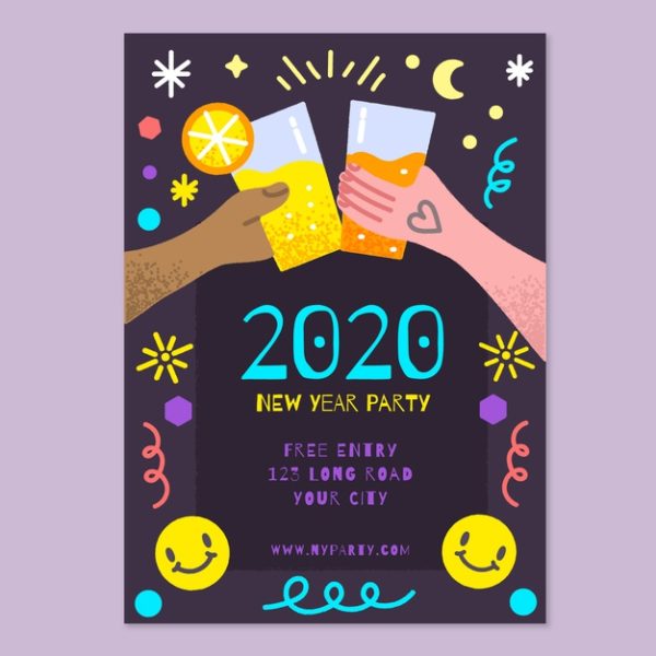 手绘新年元素 Hand drawn new year 2020 party flyer/poster template Vector