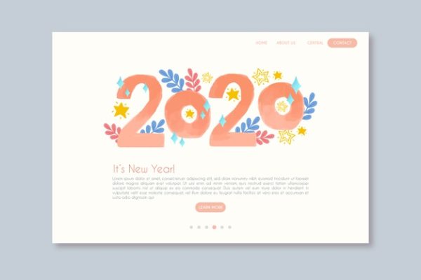 手绘2020新年着陆页模板 Hand drawn new year landing page template Vector