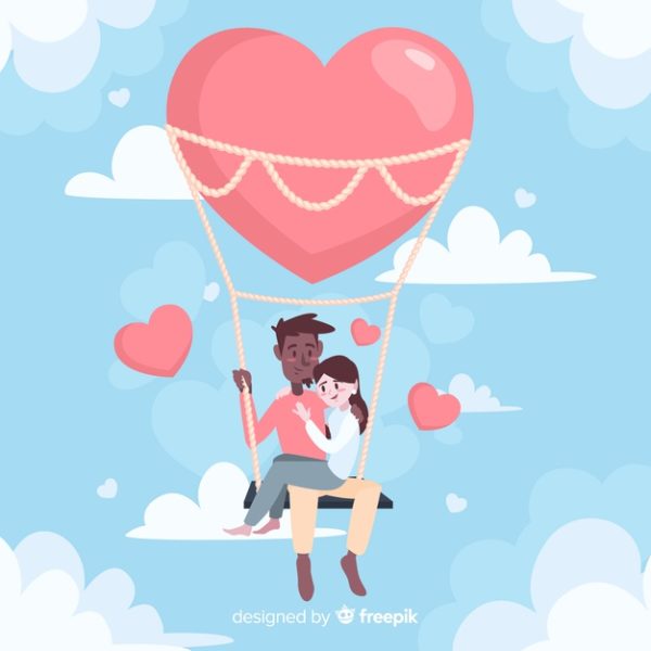 浪漫情侣爱心插画 Happy couple in a hot air balloon Vector