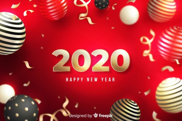 新年元素背景字体 Happy new year 2020 on red background with globes Vector