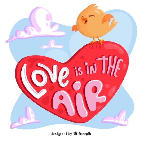 空中的爱心与小鸟插画 Love is in the air heart with bird Vector