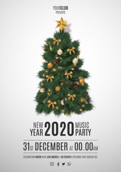 现代圣诞树装饰海报 Moden merry christmas party flyer with realistic christmas tree Vector