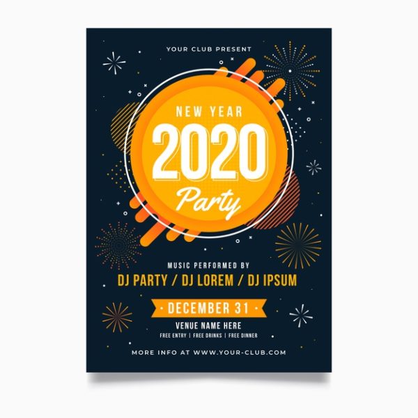 2020新年晚会海报模板 New year 2020 party poster template in flat design Vector