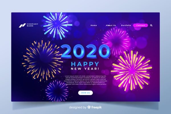 2020新年烟火着陆页素材 Realistic new year landing page Vector