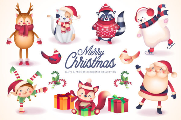 圣诞节卡通元素 Santa & friends character collection Vector