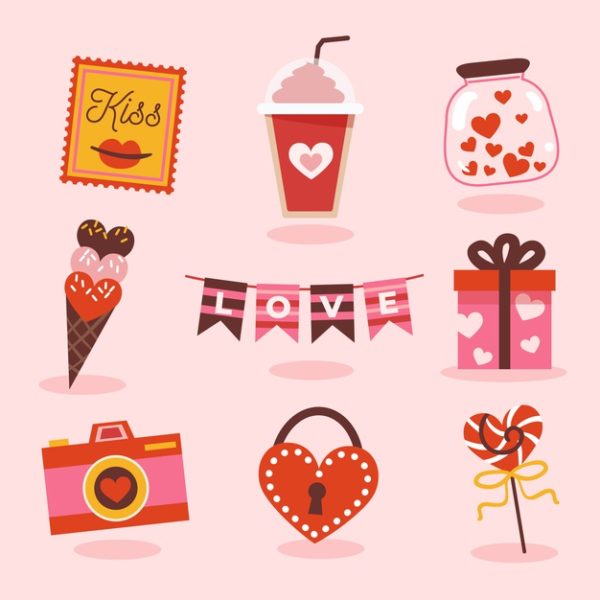 情人节糖果礼品图标 Valentine’s day collection with sweets and gifts Vector