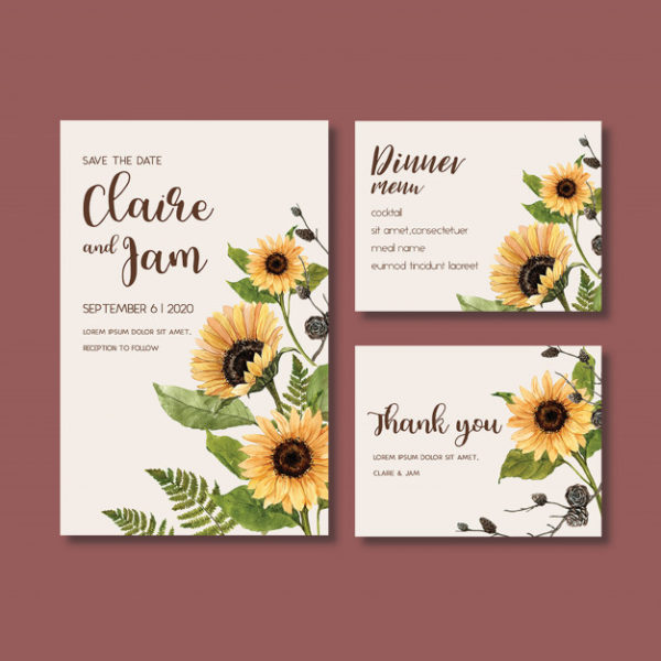 水彩婚礼邀请函 Wedding invitation watercolour with beautiful sunflower theme PSD file