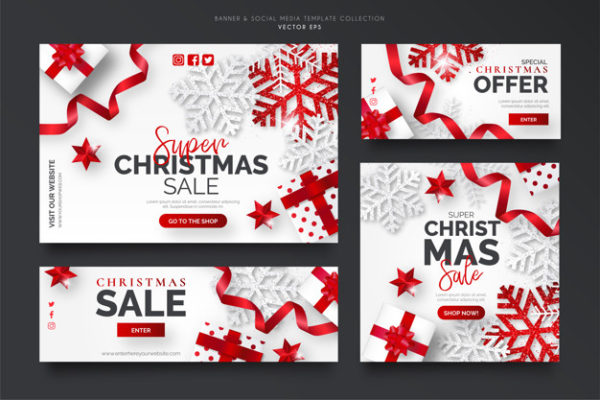 圣诞节广告元素 White and red christmas sale banner template collection Vector