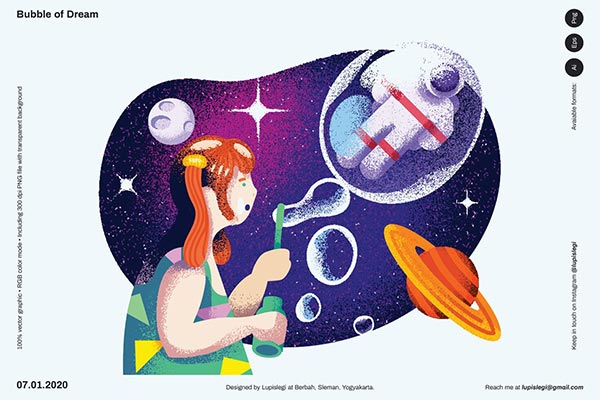 时尚简约磨砂质感的手绘幻想宇宙宇航员女孩吹泡泡梦想星空插画插图海报banner设计模板（EPS，AI，PNG）