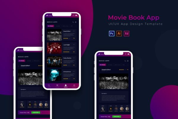 电影票预订APP UI套装模板下载[PSD,Ai,XD]
